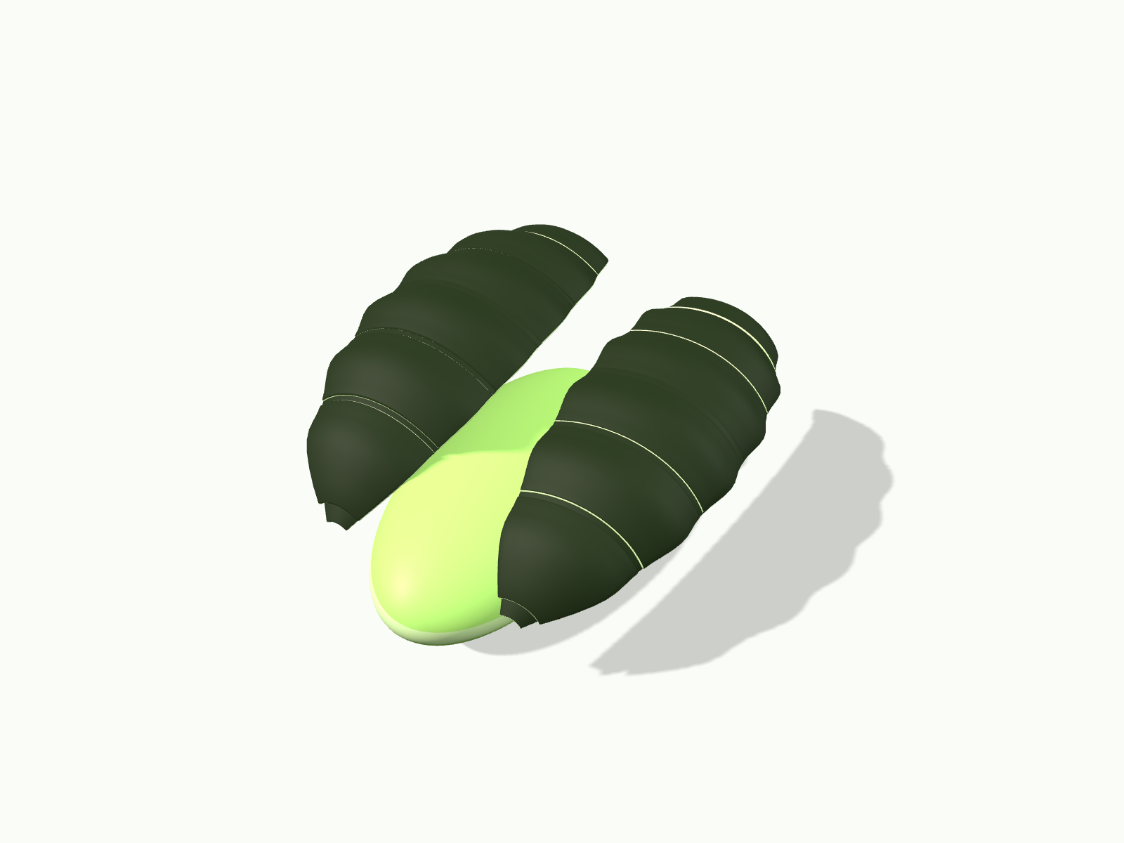Forest-green segmented shell with a lime interior, half open.